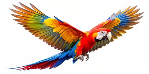 Fototapeta premium Colorful parrot with vibrant feathers flying against a white background, parrot, colorful, feathers, bird, flying