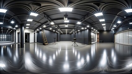 360 degree full panorama of black minimalistic studio with bright lights and reflections, render hdri hdr vr virtual reality, bright