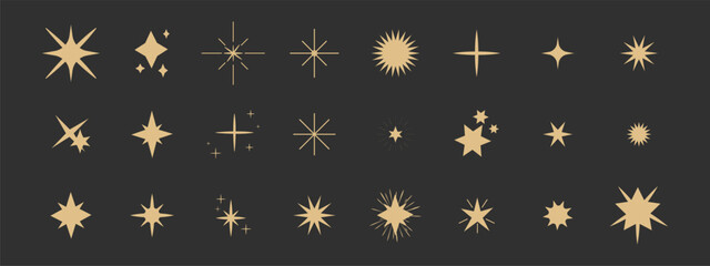Set gold shine sparkle icon glare,light,blink star minimal shape, burst and rays golden decoration. Twinkle magic comic shine isolated on dark background.