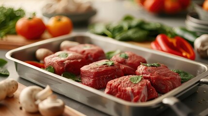A5 meat cuts on a stainless steel platter with fresh ingredients, minimalist kitchen, bright lighting.