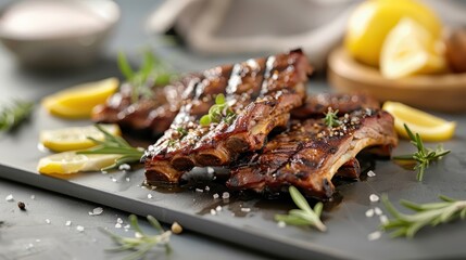 Fresh beef ribs on a glass dish with herbs, spices, and lemon slices, in a contemporary dining area with natural lighting.