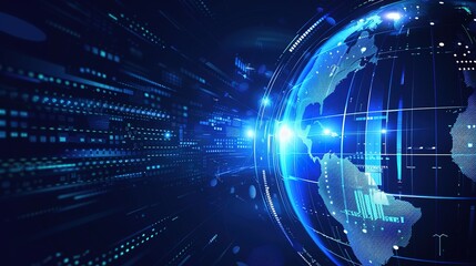 Futuristic digital globe with glowing lines and data.