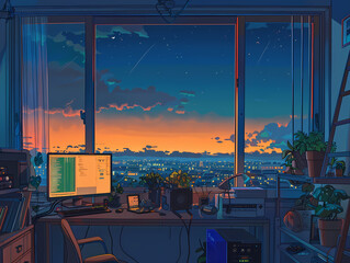 work desk with city views background illustration,beautiful lof animei background