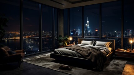penthouse bedroom at night, dark gloomy, A room with a view of the city from the bed	