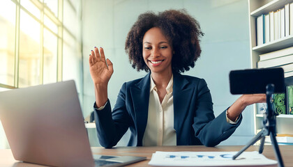 A photo of a professional woman giving a virtual presentation from her home office. Professional Businesswoman Engaging in a Virtual Meeting from a Modern Office Space with Advanced Technology. 1