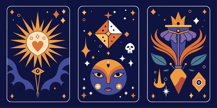 An artistic set of three tarot cards designed in pixel art style