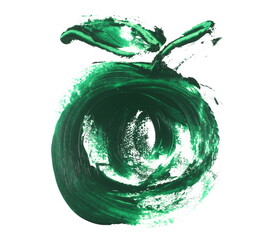 Green shape symbol apple, grunge brush strokes oil paint isolated on white background