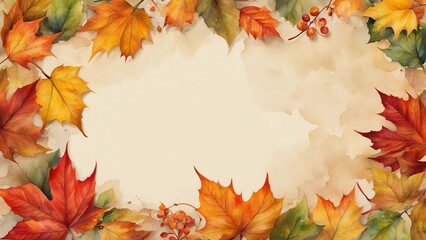 Obraz premium Watercolor style of a vintage paper as text space, surrounded by autumn leaves and flowers