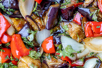 Grilled vegetable salad with zucchini, eggplant, onion, pepper and tomato