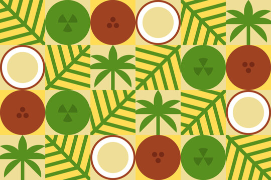 Abstract coconut seamless geometrical pattern. Tropical palm trees and leaves. Summer vector background design