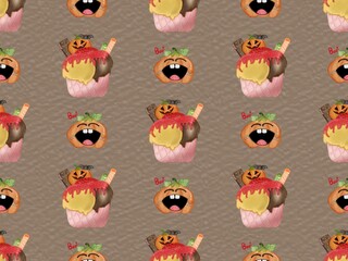 Obraz premium Seamless pattern of ice cream in a waffle and popsicles with red jam,chocolate for your Halloween on colorful background.for wrapping paper and fabrics and linens and kids. 