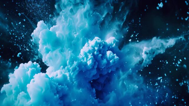 Dynamic explosion of blue smoke and water against a stark black backdrop, Use contrasting colors to highlight the dramatic impact of a blue explosion against a dark background