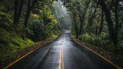 A narrow road surrounded by trees and foliage after rainfall