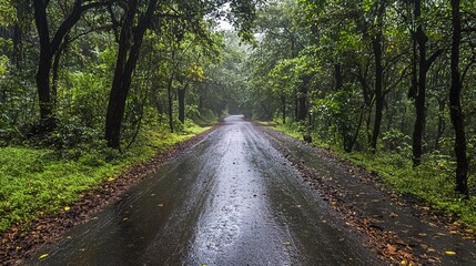 Obraz premium A narrow road surrounded by trees and foliage after rainfall