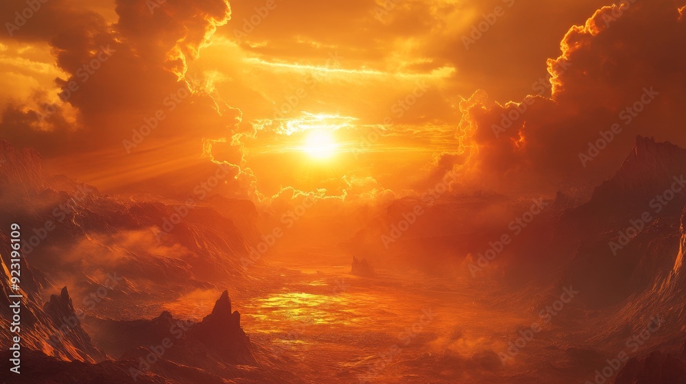 Poster Fiery Sunset Over Mountains and Water