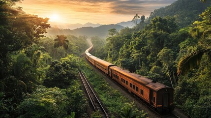 Photo of train in a jungle and mountains landscape.