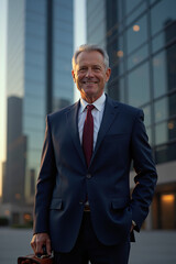 Confident CEO standing in front of corporate building