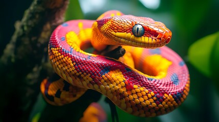 Obraz premium A close-up of a brightly colored tree snake coiled around a branch in the rainforest, its eyes alert and curious.