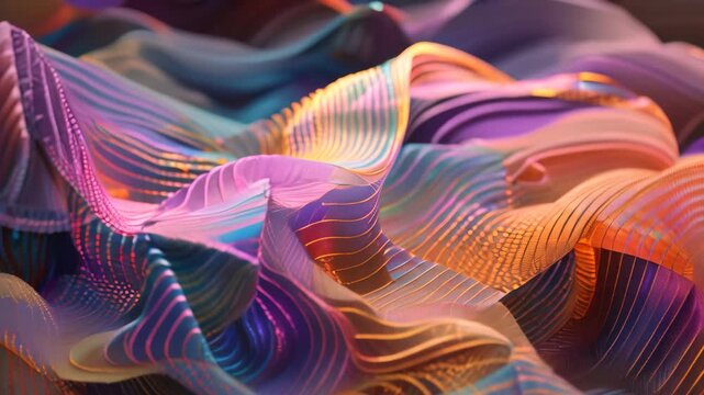 Detailed close up view of a vibrant and multicolored fabric with various patterns and textures, Use layers of patterns and textures to convey the dynamic movement of tech waves