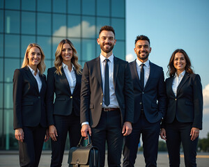 Diverse business team standing in front of modern corporate building