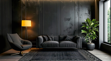 Modern living room interior design classic black interior of living room 3D illustration.