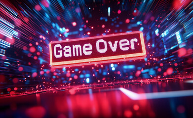 "Game Over" sign glowing in a neon-lit digital environment.