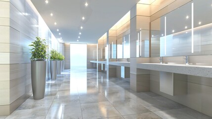 Fototapeta premium Unique shots reveal the intriguing interplay of light and shadow created by rectangular fixtures, adding visual interest to the washroom walls.