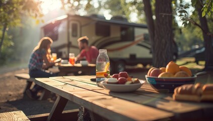 Camping picnic, food and drink on wooden table in front of travel trailer in forest nature. Man and woman blurred in background.	