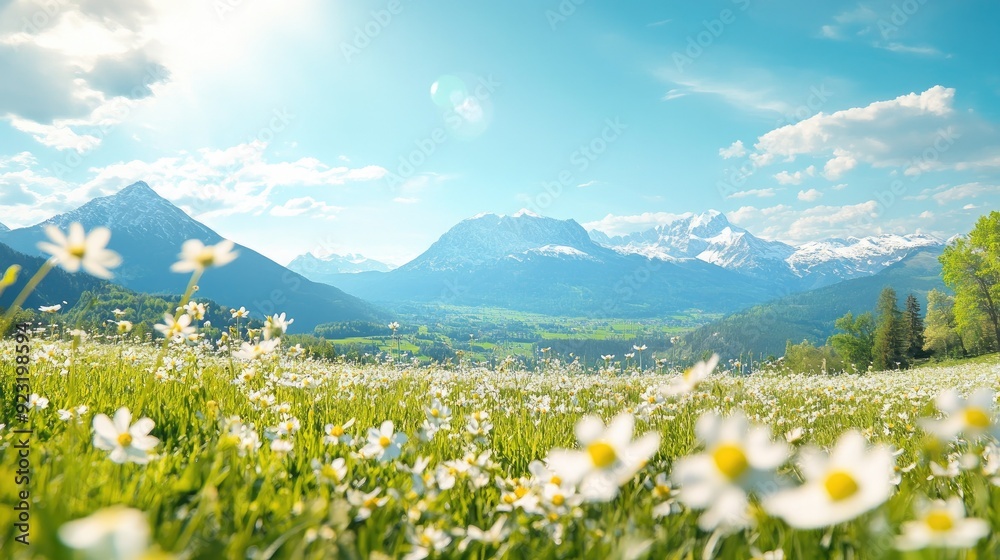 Canvas Prints Beautiful springtime Alps with blooming meadows and clear blue skies. Copy space on the top for your message