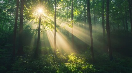 Beautiful forest landscape with sun rays shining through the trees. Ample space for promotional text