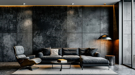 Modern living room interior design classic black interior of living room 3D illustration.