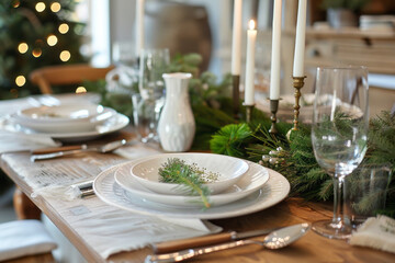 Fototapeta premium A beautifully decorated Christmas table setting with candles, evergreen branches, red and gold ornaments, and a festive tablecloth, warm and inviting 
