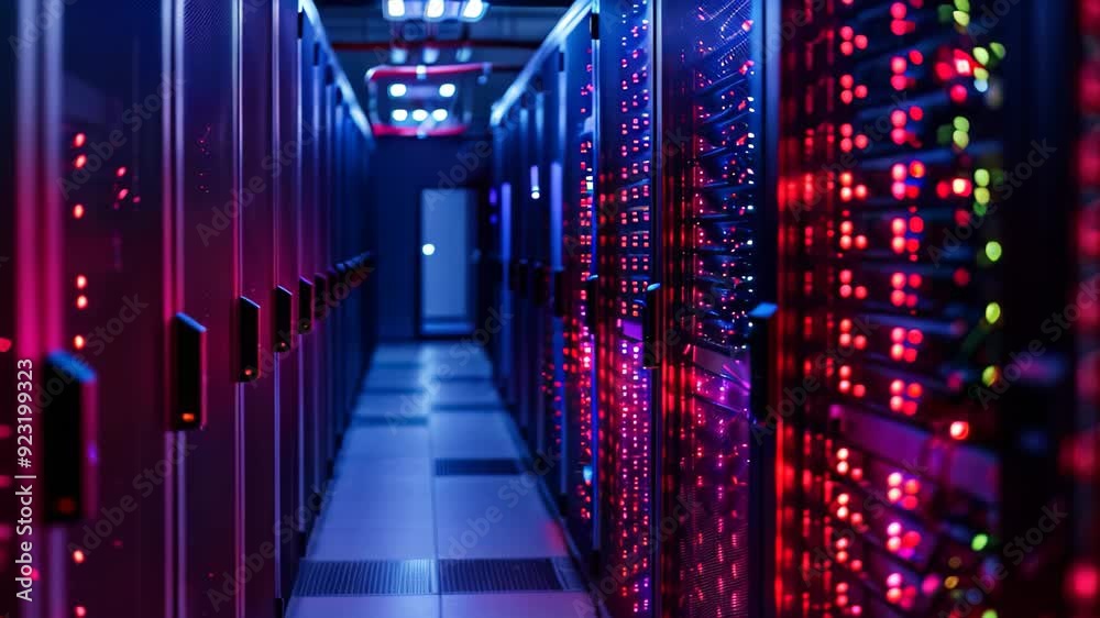 Poster a long hallway filled with rows of servers in a busy data center, using secure cloud storage solutio