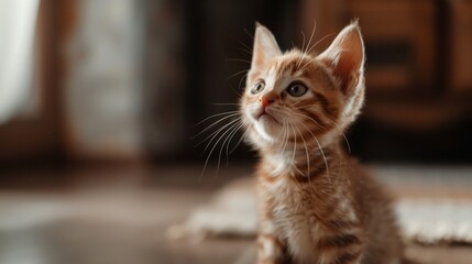 Close-up portrait of a cute kitten on a light background, copy space	