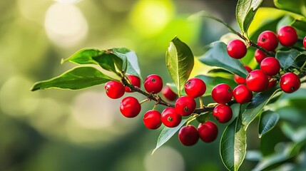 Obraz premium Close-up of a branch adorned with bright red berries, contrasting beautifully against its green foliage.