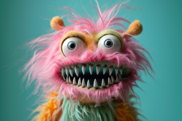 A lively and eye-catching pink furry monster puppet with big eyes and sharp teeth, adding humor and fun to marketing campaigns.