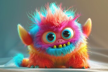 Fototapeta premium Whimsical 3D cute monster character, plump and fluffy with vibrant colors, featuring expressive big eyes and a toothy grin, exuding a playful and mischievous demeanor.