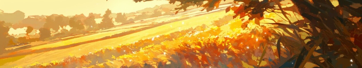 Enchanting Anime-Style Autumn Sorghum Field: Aerial View of Golden Harvest under Radiant Sunlight. Whimsical 4K Wallpaper for Children's Books and Creative Marketing. Dreamy Rural Paradise in Fresh, N
