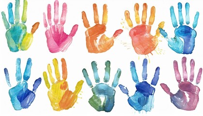colorful hand prints, Set of colorful hand print, paint watercolor, Hand prints on white background
