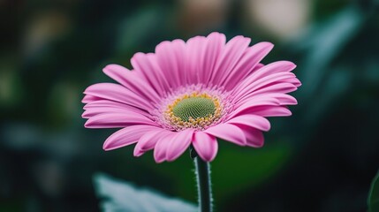 Close-up of a pink flower supported by a green stem, showcasing its vibrant color and natural charm.