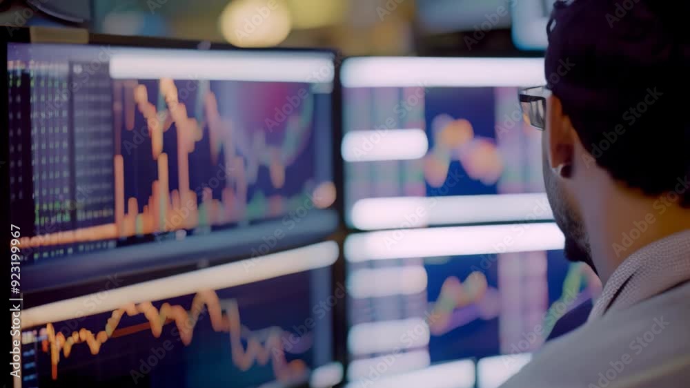 Poster a man is seated in front of several computer monitors, actively monitoring and analyzing data, using