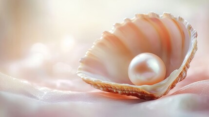 Close-up of an open shell revealing a lustrous pearl nestled inside, set against a soft, elegant background.
