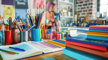 Obraz premium Colorful art supplies and sketchbooks arranged in an inspiring workspace