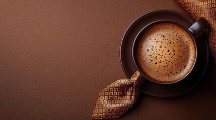 happy fathers day greeting card template flat lay coffee cup tie sign happy fathers day on brown background top view with copy space.