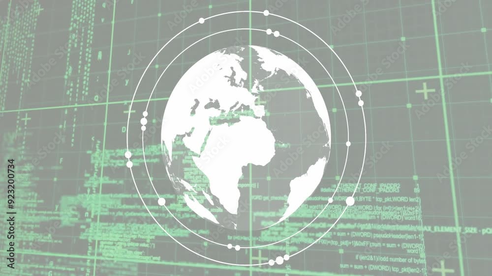 Aufkleber Rotating globe with data processing animation over green coding background