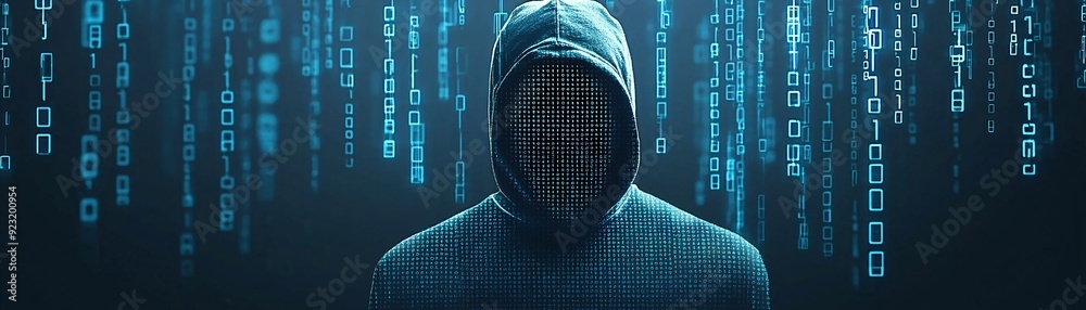 Poster a hacker's identity concealed by a digital mask overlay, with a background of cascading code. the im