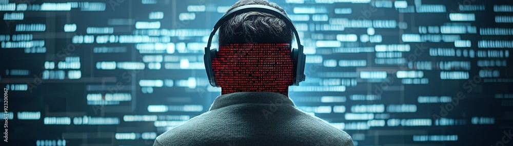Poster a hacker's identity concealed by a digital mask overlay, with a background of cascading code. the im