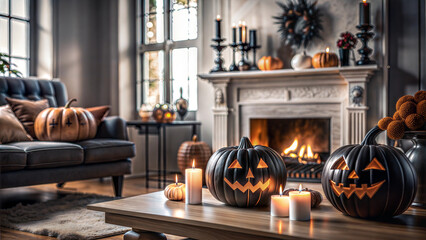 Obraz premium A living room decorated for Halloween with carved pumpkins, spooky garlands, and orange and black accents