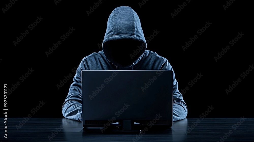 Poster a shadowy figure in a dark hoodie sits at a computer, the face obscured by the screen's glow, repres