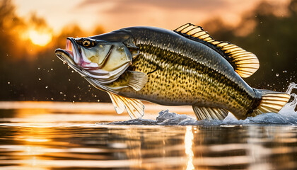 A dynamic image of a largemouth bass leaping out of the water, captured against the backdrop of a vibrant sunset, creating a striking and dramatic scene.